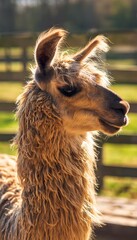 Obraz premium Charming llama portrait basking in sunlight a peaceful farm scene evokes warmth and gentle rural beauty