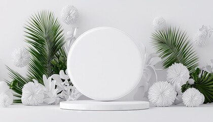 A white podium is surrounded by tropical green leaves, white flowers, and decorative elements against a white background, creating a clean and modern aesthetic.