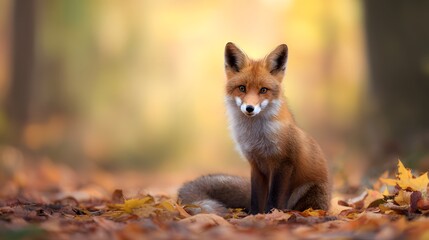 Fototapeta premium Charming fox portrait autumn leaves golden light wildlife serene forest scene nature photography beauty peaceful moment