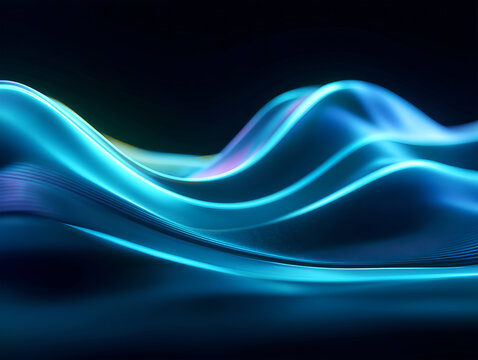 Neon blue and turquoise waves forming a smooth flowing abstract landscape on dark background, futuristic backdrop for AI, data and modern digital technology.