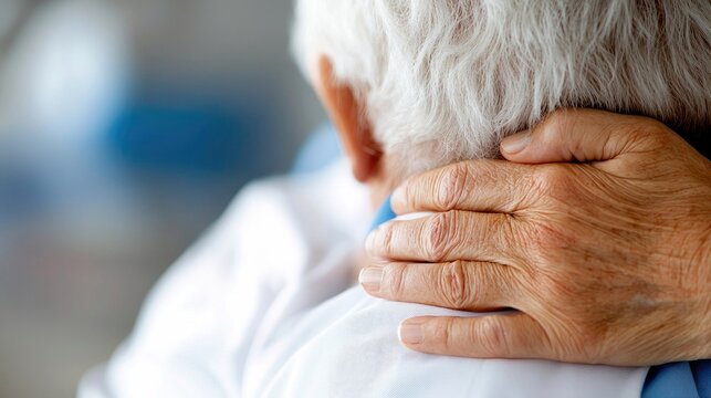 Close-up of a hand gently supporting the neck of a senior person, conveying comfort and care. The image is taken indoors. - Powered by Adobe