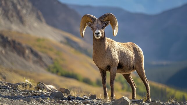 Majestic bighorn sheep portrait captures wild beauty on a mountain slope bathed in morning light