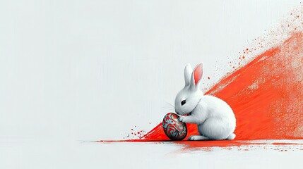 A cute white rabbit interacting with a decorated Easter egg against a red and white background.