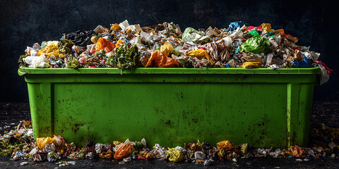 Overflowing green trash bin full of waste items in city Generative AI