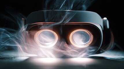 VR headset glows, smoke, dark background