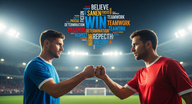 Respect and Rivalry: Professional Soccer Players Share a Fist Bump.
A dynamic, high-impact photograph set in a brightly lit, large-scale stadium at night, capturing two professional male soccer