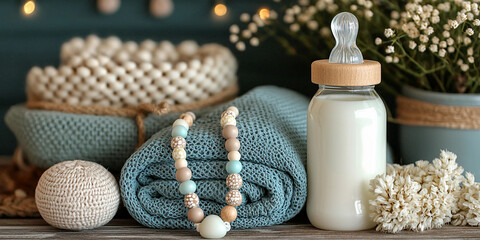 Cozy baby essentials with milk bottle and soft textures Generative AI