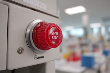 Close-up of a red stop button on a light gray control panel in a laboratory