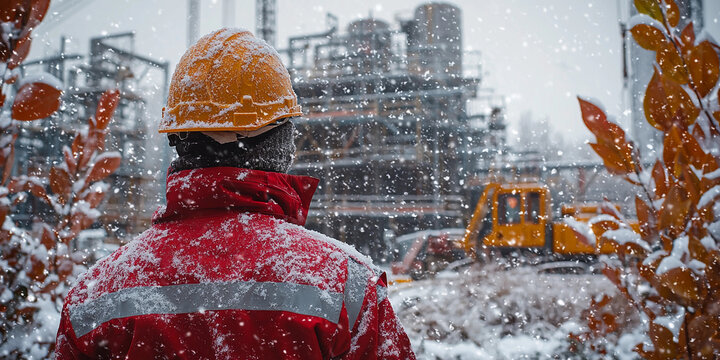 Construction worker observes snowy job site with safety gear Generative AI - Powered by Adobe