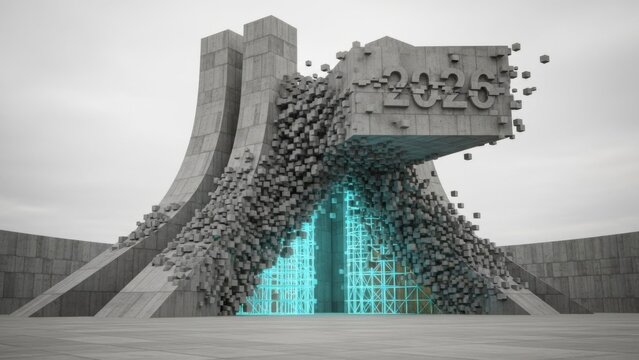 Visionary 2026 monument with futuristic architectural design, representing innovation and transformation, perfect for symbolizing future progress