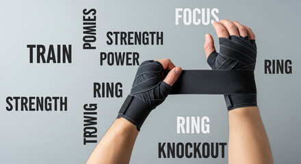 Boxer preparing hands for training with motivational keywords.
A close-up shot of a boxer's hands being professionally wrapped in black hand wraps/bandages against a neutral background
