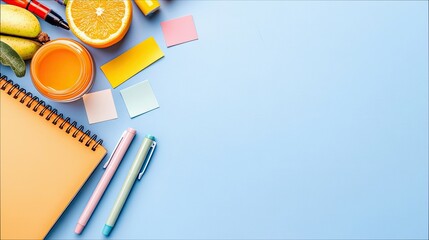 Overhead shot of a vibrant arrangement of breakfast ingredients including fruit, juice, and stationery on a light blue surface. The composition is bright and co