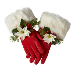 Red velvet gloves with white faux fur cuffs and Christmas poinsettias mittens