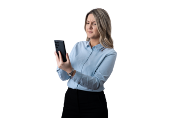 Woman squinting at phone reflecting confusion and bad news