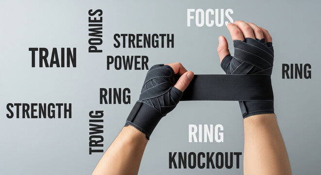 Boxer preparing hands for training with motivational keywords.
A close-up shot of a boxer's hands being professionally wrapped in black hand wraps/bandages against a neutral background - Powered by Adobe
