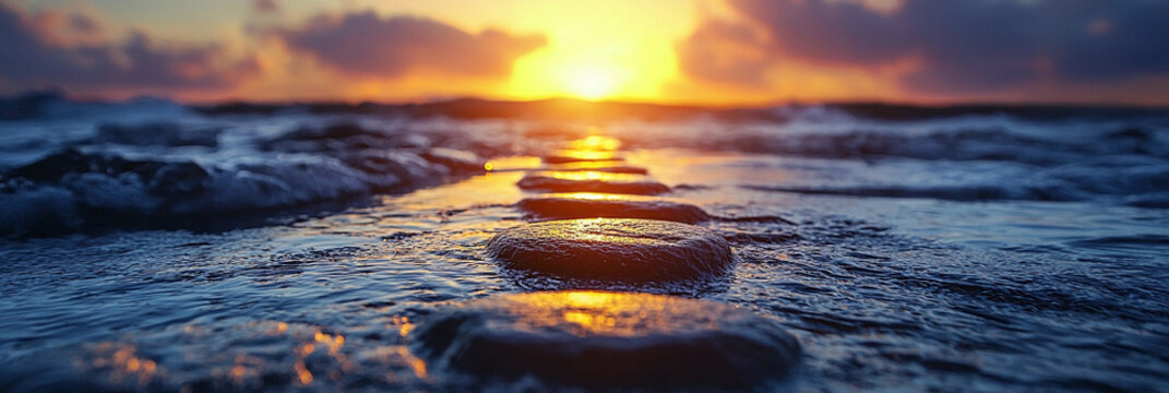 Stones create path along shore at sunset Generative AI