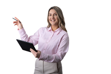Businesswoman holding tablet and pointing with stylus smiling