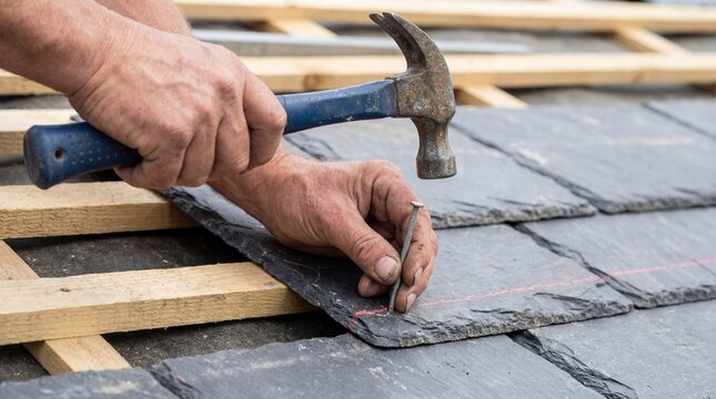 Close up of a roofer's hands installing slate roofing tiles with a hammer