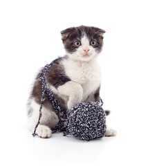 Cute kitten playing with yarn ball.