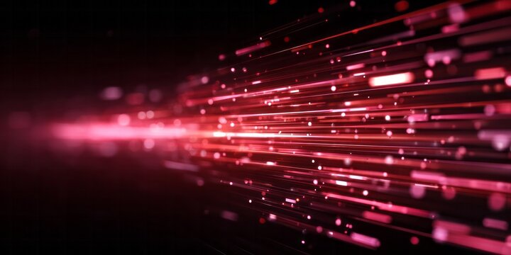 Intense red light streams move rapidly through dark space conveying digital data transfer or speed