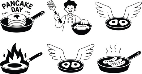 Whimsical Pancake Day Illustration Featuring a Chef Cooking Pancakes, Eggs, and Sausages in Various Frying Pans
