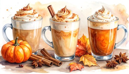 Watercolor illustration of three seasonal lattes topped with whipped cream and spices, next to a pumpkin and autumn leaves