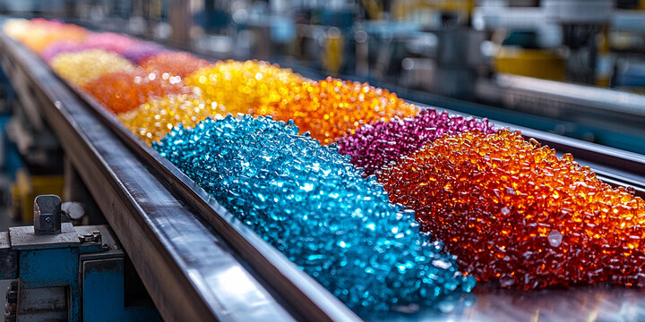Vibrant glass granules moving on a production line Generative AI