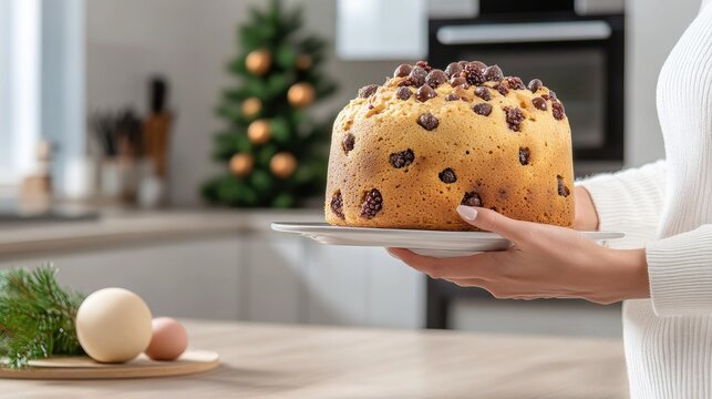 Festive baker presents a beautifully decorated fruitcake in a cozy kitchen during the holiday season with a decorated tree in the background - Powered by Adobe