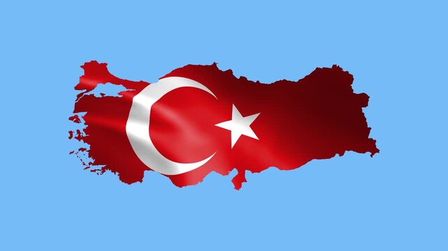 Turkey flag waving in wind and zoom to reveal the Country Border Map animation isolated on blue background