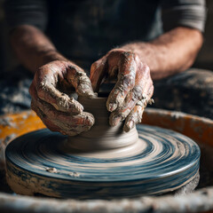 Close up of hands shaping clay on pottery wheel representing creative hobby and art therapy.