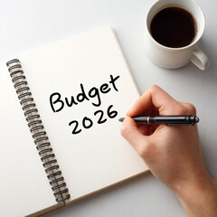 Hand writing Budget 2026 in notebook near coffee cup for financial planning.