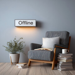Cozy reading nook with paper book and a sign showing Offline mode for digital detox.