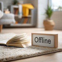 Cozy reading nook with paper book and wooden sign showing Offline mode.