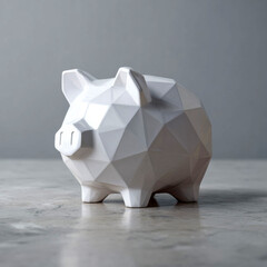 Modern white geometric piggy bank standing on table representing savings and financial discipline.
