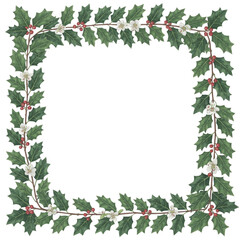 Square Frame Border of Holly Leaves with Red Berries and White Flowers christmas
