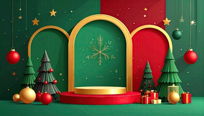 Festive Christmas stage podium with golden arches and holiday decorations.