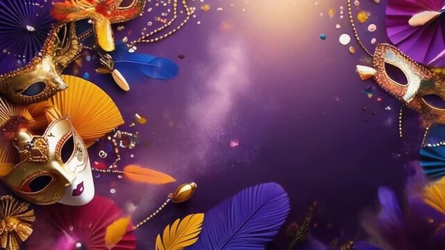 Festive Carnival Masquerade Background with Colorful Masks and Feathers.
