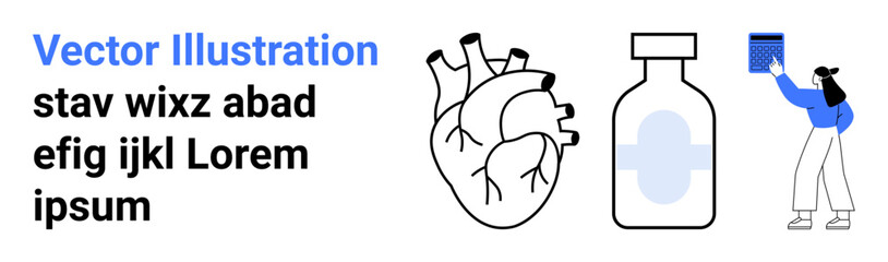 Healthcare, medical education, pharmaceuticals, anatomy studies, modern treatment, and health awareness. A heart diagram, medicine bottle and person with a capsule. Healthcare and pharmaceuticals