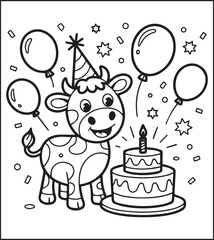 Naklejka premium Cute cow enjoying celebrating birthday coloring page for kids, Farm animal black line art vector illustration for children book design 