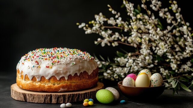 Delicious festive cake adorned with colorful sprinkles sits beside beautifully decorated easter eggs and flowering branches during a spring celebration