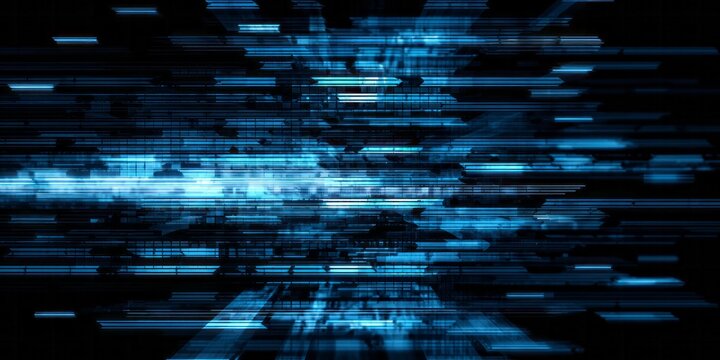 Abstract luminous lines streak across a dark digital space in dynamic motion