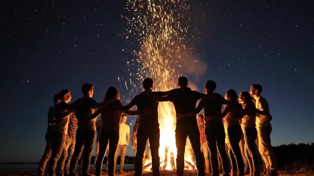 A group gathers around a bonfire under a starry night sky, arms linked. Flames rise high