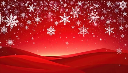 Vibrant Red Winter Landscape with Falling Snowflakes and Festive Atmosphere.