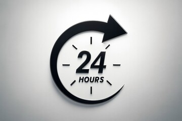 A bold black arrow encircles a white clock face displaying 24 hours symbolizing constant availability and round the clock service