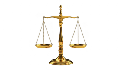 Antique golden balance scale symbolizing justice and fairness isolated on transparent background