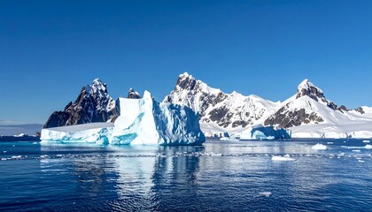 Antarctic scene featuring iceberg floating on water with snow-capped mountains in the background, under a clear blue sky