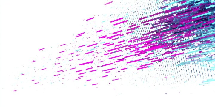 Dynamic abstract composition features streaks of magenta and cyan particles exploding outward against a white background.