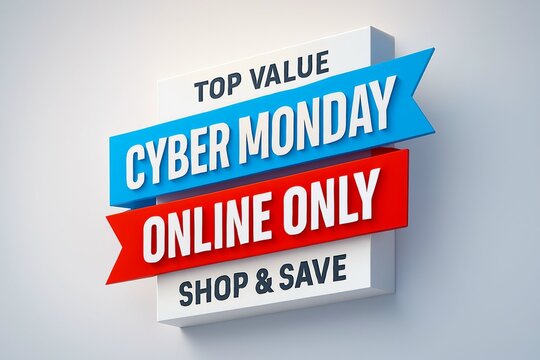 Cyber monday top value online only shop and save with bold blue and red banners against a white background - Powered by Adobe