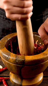 Chef crushing red chili peppers and garlic with mortar and pestle in a rustic kitchen