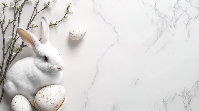 White rabbit resting beside decorative eggs and blooming branches on a marble surface during spring celebrations